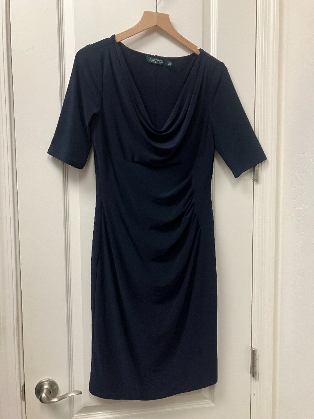 Ralph Lauren navy sheath dress, cowl neck, size 12